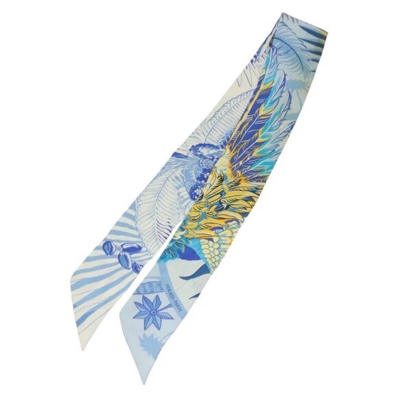HERMES Twilly Scarf ""Mythiques Phoenix"" Silk Blue Auth BA5050 - Picture 1 of 12